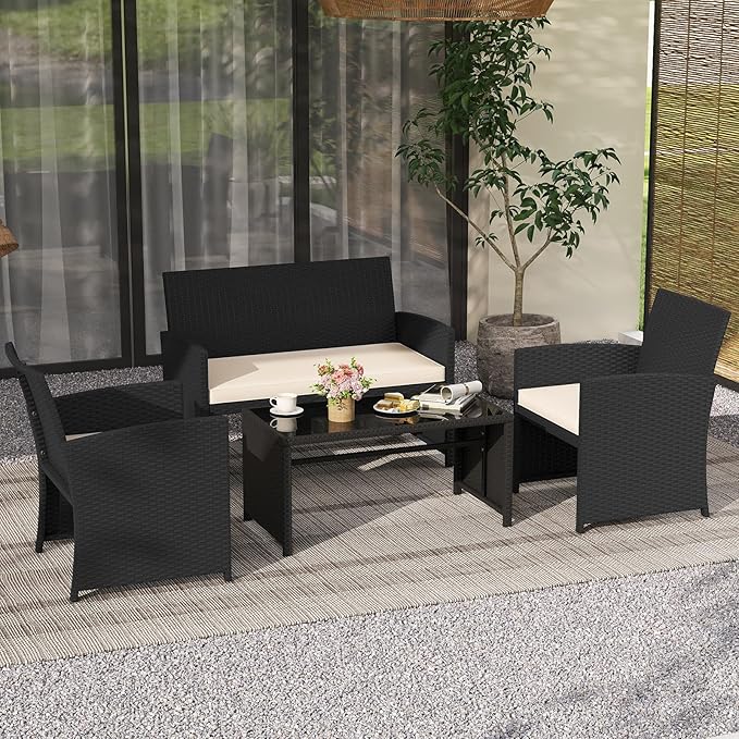 Tangkula 4 Pieces Patio Wicker Furniture Set, Outdoor Heavy Duty Rattan Cushioned Chairs, Loveseat and Tempered Glass Coffee Table, for Backyard, Balcony, Poolside (1, Off White)