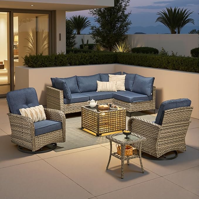 8 Pieces Outdoor Sectional Patio Furniture Set with Swivel Rocking Chairs,Conversation Sets Rattan Wicker L Shaped Couch,Modular Outdoor Sofa for Porch Balcony Backyard Denim Blue