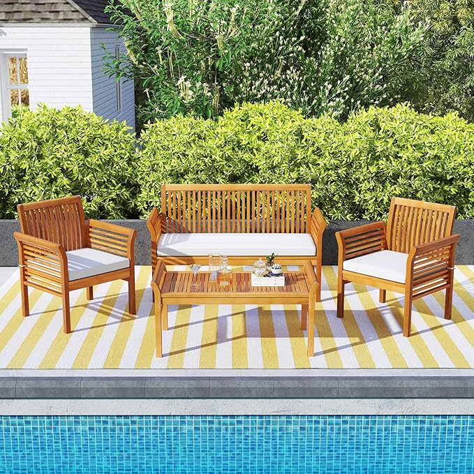 HAPPYGRILL 4 Pieces Acacia Wood Patio Conversation Set, Outdoor Wood Furniture Set with Seat Cushions, Wicker Sofa Chairs & Coffee Table for Garden Poolside Deck (1)