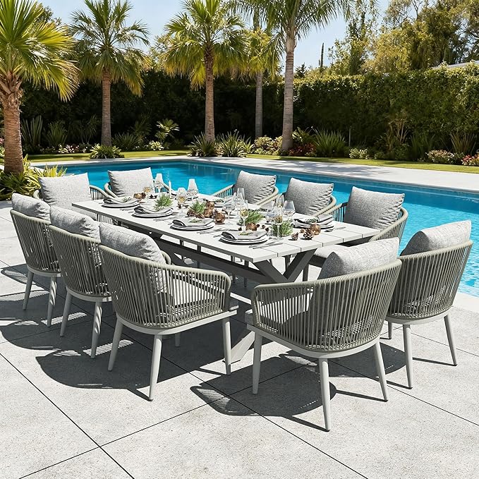 LayinSun 11 Pieces Outdoor Patio Dining Set, Aluminium Rectangular Dining Table and Wicker Rattan Chairs Set for Outside Backyard, Poolside