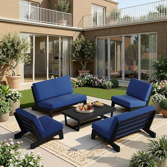 UIXE 7 Pieces Black Wood Patio Furniture Sets, 2 Patio Loveseat, 4 Patio Bistro Chair, All Weather Outdoor Sectional Sofa Furniture Backyard Conversation Set with Coffee Table - Navy