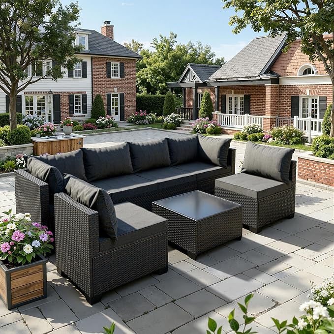 WWR Patio Furniture Set - All-Weather,Water-Resistant - 7 Piece Patio Wicker Rattan Sectional Sofa, Modular Outdoor Conversation Set for Backyard, Garden, Poolside, Balcony, Brown/Dark Gray