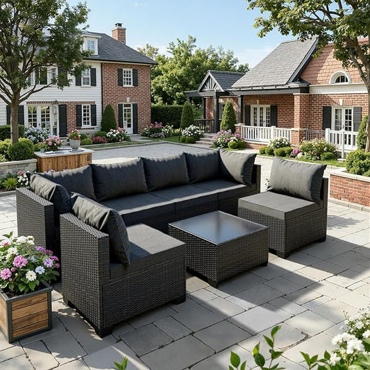 WWR Patio Furniture Set - All-Weather,Water-Resistant - 7 Piece Patio Wicker Rattan Sectional Sofa, Modular Outdoor Conversation Set for Backyard, Garden, Poolside, Balcony, Brown/Dark Gray