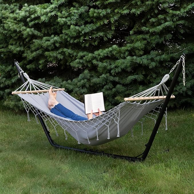 Hammock with Netted Fringe and Wooden Bars - 100" x 41" - Gray