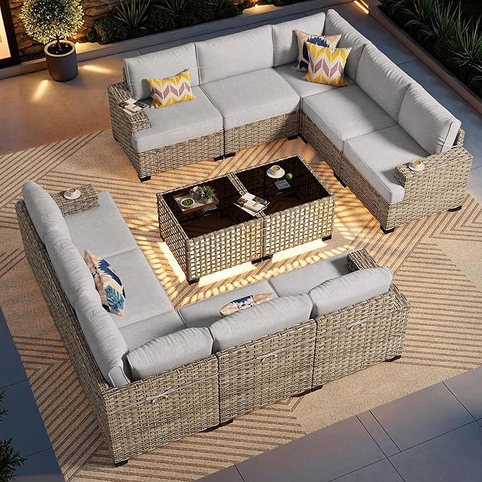 Patio Furniture Sets 12 Pieces Outdoor Sectional Rattan Sofa Manual Weaving Wicker Patio Conversation Set with Ottomans and T Cushion(Grey)