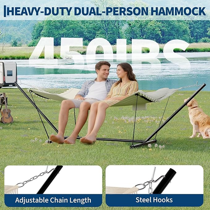 GarveeLife 2 Person Double Hammock with Stand and Pillow - 450 Lbs Capacity Heavy Duty Hammock with Balance Rope, Large Outdoor Hammock for Patio Backyard Poolside