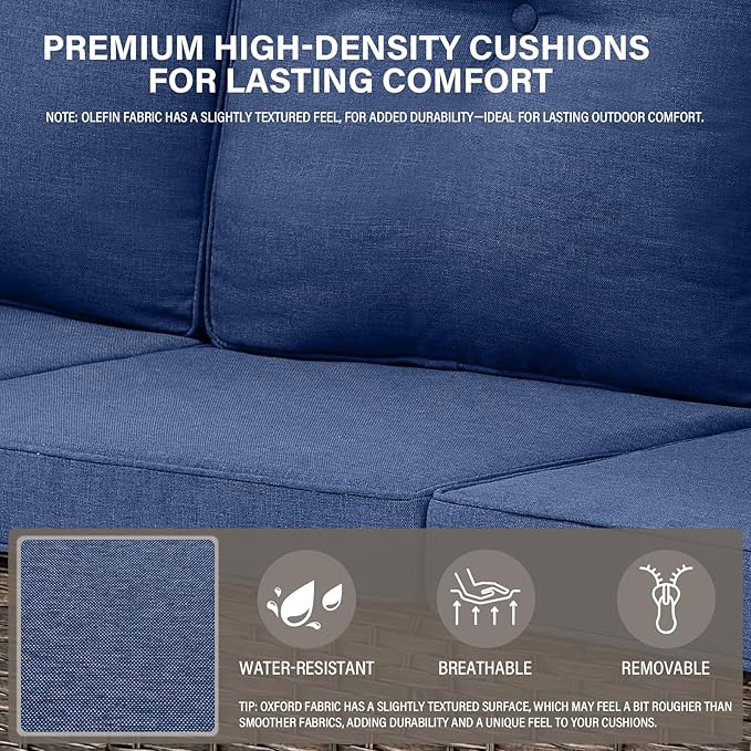 Belord 8 Pieces Patio Conversation Set with 43” Propane Fire Pit Table, Outdoor Sectional Furniture Sofa Set with Removable Blue Cushions for Patio Deck Backyard Brown