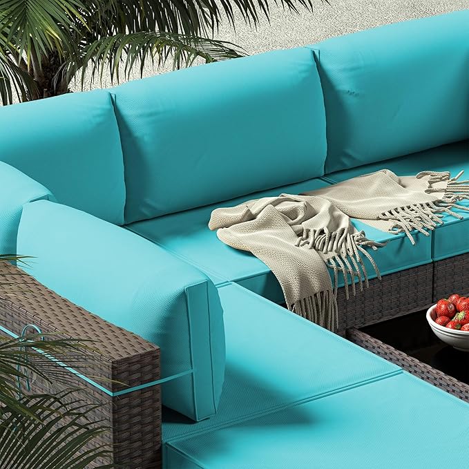 Gotland 9 Pieces Patio Furniture Set with 29.5'' High Backrest, All Weather PE Wicker Outdoor Furniture with 4’’ Thickened Cushions Coffee Table, Patio Set for Deck, Garden, Backyard, Blue