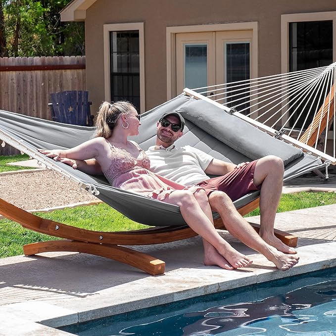 SUNCREAT Double Hammocks Standing Backyard Hammock with Stand, 2 Person Heavy Duty Hammock with 13.5 ft Wooden Stand, Light Gray