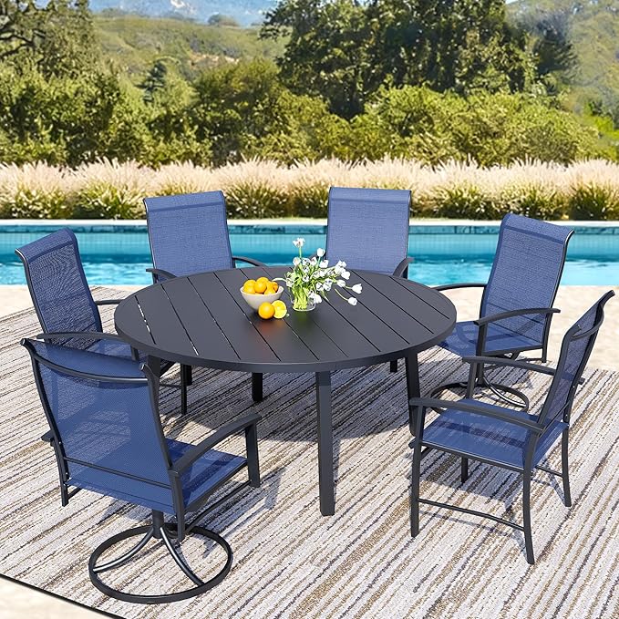 7 Piece Outdoor Patio Dining Set for 6, 47" Black Round Metal Table with 6 Blue Chairs, All-Weather Outdoor Furniture Set for Backyard, Lawn, Deck, or Poolside