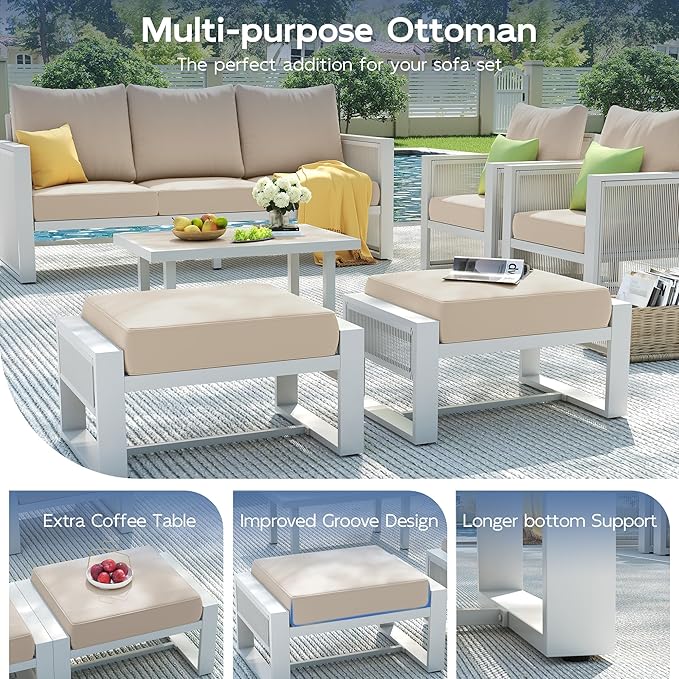 UDPATIO Aluminum Outdoor Furniture Set with Ottoman, 5 Piece Modern Patio Furniture Set, All Weather Patio Conversation Sets with Thickend Cushions, for Garden, Porch, Balcony, Light Grey/Beige