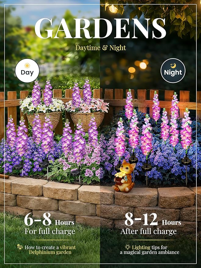 GIGALUMI Solar Lights Outdoor for Garden Decor, 2 Pack Solar Flower Lights Waterproof, 2 Lighting Modes Delphinium for Pathway,Yard, Patio Decoration, Gardening Gifts for Women (Purple)