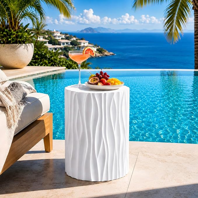 Merax 15.75” Outdoor Round Side Table, Wavy Fluted MGO Accent Table with 240 lbs Capacity, All-Weather Patio Furniture for Garden, Balcony, White