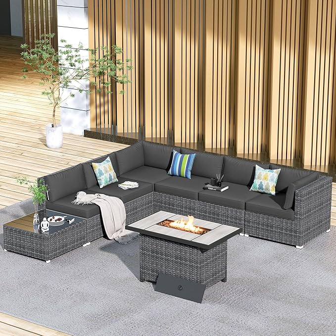 HOOOWOOO 8 Piece Patio Sectional Furniture Set with Fire Pit Table,Modern Wicker Outdoor Conversation Sofa Sets,Weather Resistant Modular L Shaped Outside Couch Set(Black)