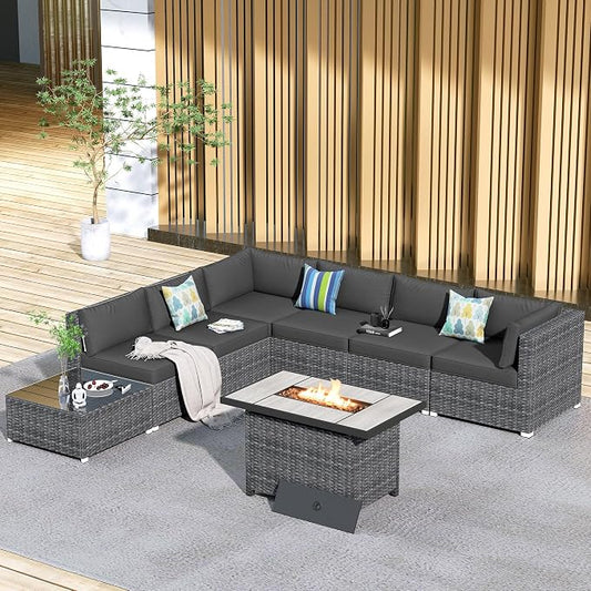 HOOOWOOO 8 Piece Patio Sectional Furniture Set with Fire Pit Table,Modern Wicker Outdoor Conversation Sofa Sets,Weather Resistant Modular L Shaped Outside Couch Set(Black)