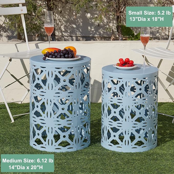 Y&M Set of 3 Stacking Coffee Table for Living Room, Patio Side Table,Indoor End Tables for Bedroom, Outdoor Decorative Garden Stool with Heavy Duty Metal Frame Modern Industrial Decor - Blue