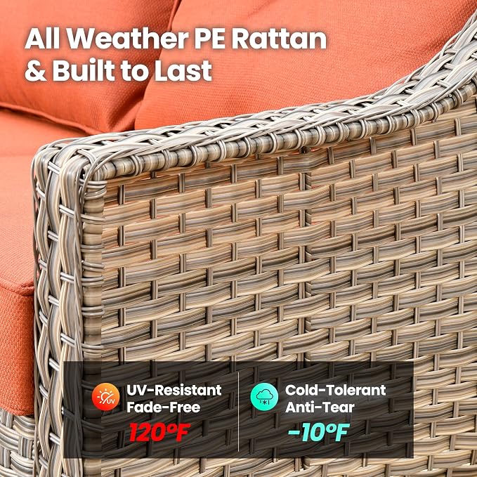 6 Piece Patio Furniture Set with Swivel Rocker Chairs, Outdoor Wicker High Back Sofa Glider Chair Ottoman with Cushion, All Weather Conversation Sets for Backyard Poolside Deck Bold Orange