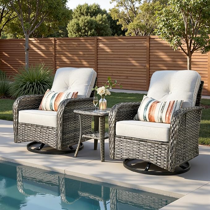 3-Piece Patio Furniture Set, Outdoor Wicker Furniture with Coffee Table, High Back Swivel Rocker Patio Chairs, Modern Rattan Outdoor Chairs Conversation Set for Porch, Balcony, Garden, Light Gray
