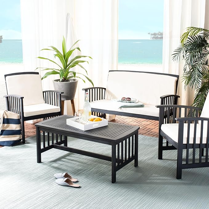 SAFAVIEH Outdoor Collection Rocklin Black/ White Cushions 4-Piece Conversation Patio Set