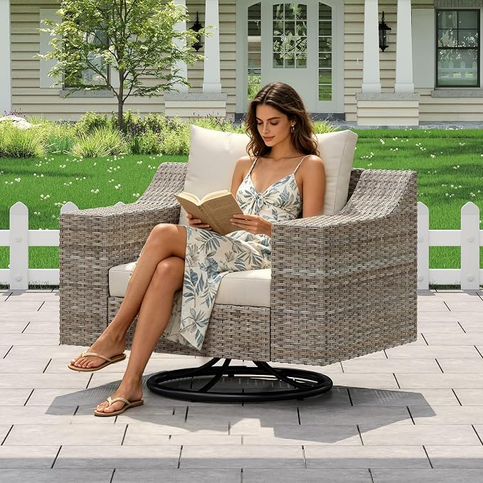 LUXOAK Outdoor Glider Rocking Chair, Wicker 360° Swivel Patio Chairs with 6" Wide Armrests, All-Weather PE Rattan Single Sofa Seat with Thick Cushions, for Porch/Deck/Garden/Backyard
