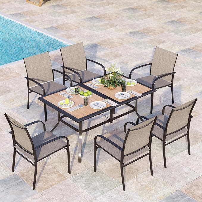 MIXPATIO 7 Pieces Patio Table and Chairs Set, Outdoor Dining Furniture Set for 6, 6 Brown Textilene Chairs and 61" Wood-Like Table Top with Umbrella Hole, for Deck Backyard Lawn