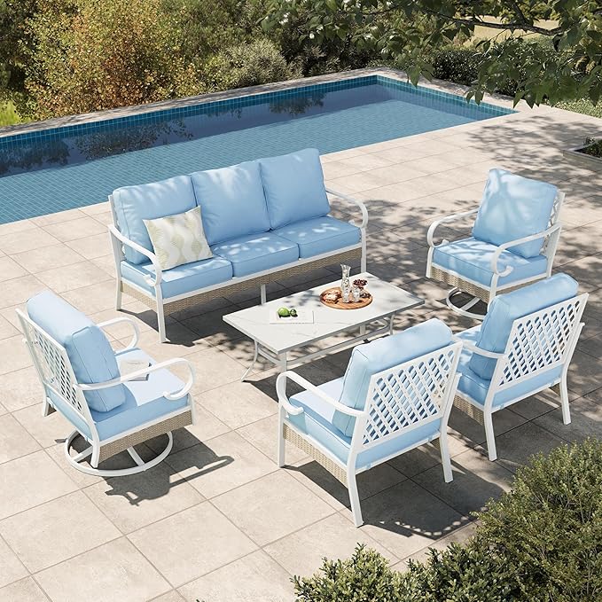 HERA'S HOUSE 6 Piece Metal Patio Furniture Set, All Weather Outdoor Conversation Set with 3-Seat Sofa, 2 Swivel Chairs, 2 Fixed Chairs & Coffee Table, 7 Seats for Backyard, Garden, Deck, White/Blue