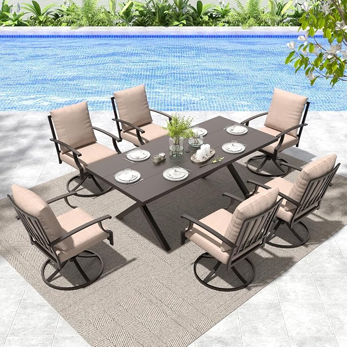 Gotland 7 Piece Outdoor Dining Set, Metal Outdoor Table and Swivel Chairs with X-Shaped Legs 1.5" Umbrella Hole, Patio Furniture Set with Waterproof Cushions, Patio Dining Sets for Backyard Deck Khaki