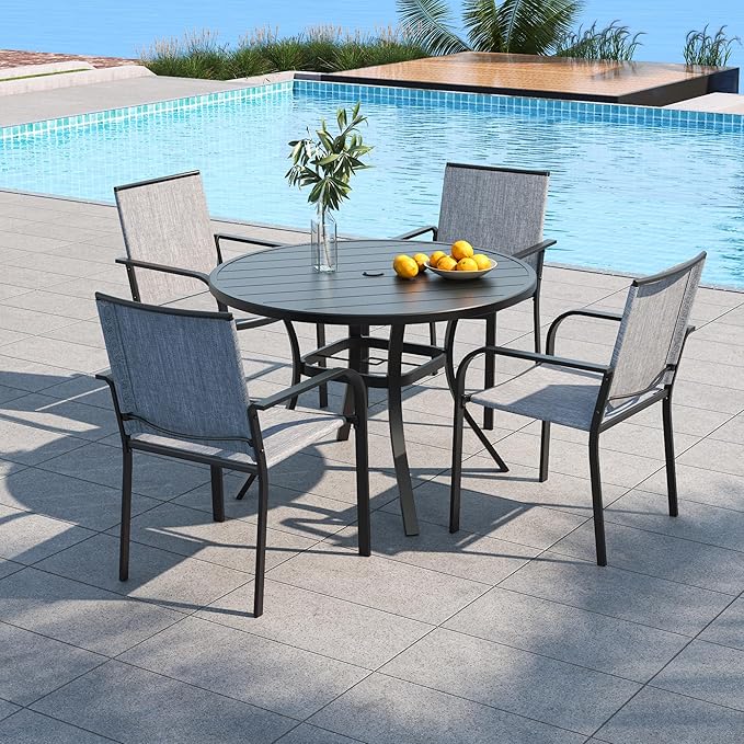 Anmutig 5 Piece Metal Round Patio Table and Chair Set, Outdoor Dining Set with 41" Table and 4 Grey Stackable Chairs