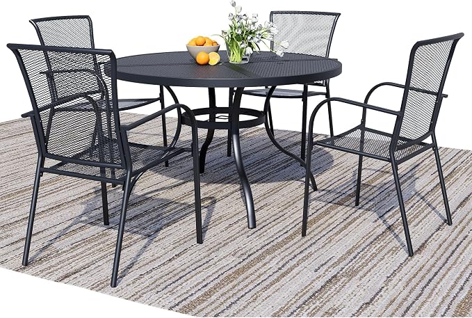 5 Pieces Outdoor Dining Set for 4, Black Metal Mesh Outdoor Dining Table and 4 Black Metal Mesh Stackable Patio Chairs with Armrest, Patio Table and Chairs Set for Lawn Garden Backyard