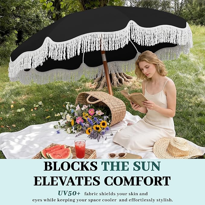 AreShark 7ft Patio Umbrella with Fringe, UPF50+ Beach Umbrella for Table, Pool & Garden, Portable Outdoor Tassels Umbrella w/Fiberglass Ribs&Push Bottom Tilt(Black)
