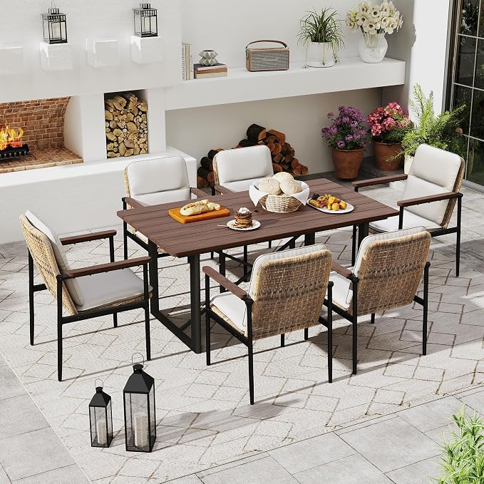 HAPPATIO Outdoor Acacia Wood Dining Table, 6-Person Patio Dining Table with Powder-Coated Aluminum Frame, Rectangle Outdoor Dining Table with Umbrella Hole for Deck Yard Garden