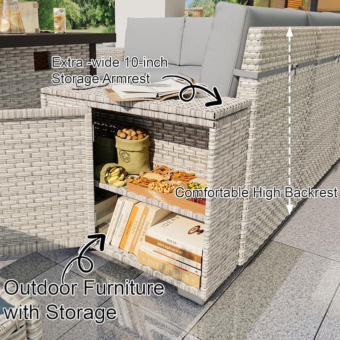 7-Piece Outdoor Patio Furniture Set, Rattan Wicker Conversation Set with Wide Armrests, Outdoor Modular Sectional Couch Seating Group Sofa with Fire Pit for Deck Garden Porch (Gray Cushions)