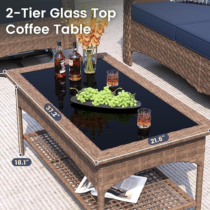 UDPATIO High Back Patio Furniture Set with 2 Swivel Rocker Chairs, Wicker Outdoor Conversation Sets with Thick Cushions & Ottoman, for Garden, Porch