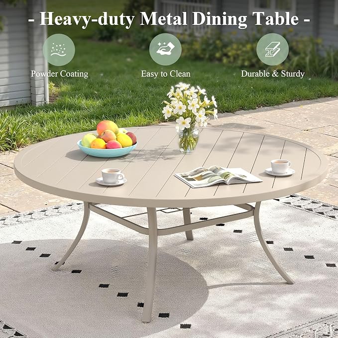 11 Pieces Outdoor Dining Set, Stackable Textilene Paito Chairs & 63" Round Dining Table with Umbrella Hole, Patio Dining Set for Backyard, Deck, Garden, Sandshell