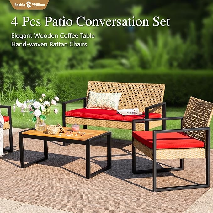 Sophia & William 4 Pieces Patio Conversation Set, Wicker Outdoor Furniture Set for 4, All Weather Outdoor Seating Set, Rattan Loveseat & Chairs with Cushions & Coffee Table, Yellow and Red
