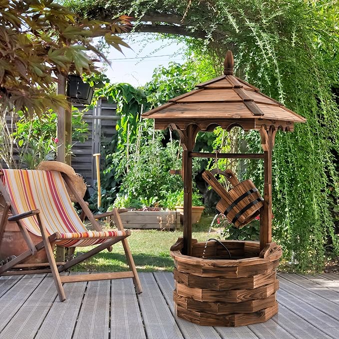 Tangkula Outdoor Wishing Well Water Fountain, Old-Fashioned Wood Waterfall Fountain w/Bucket Pump, Rustic Farmhouse Decoration for Garden, Backyard, 46 Inch Tall (22.5" x 22.5" x 48.5")