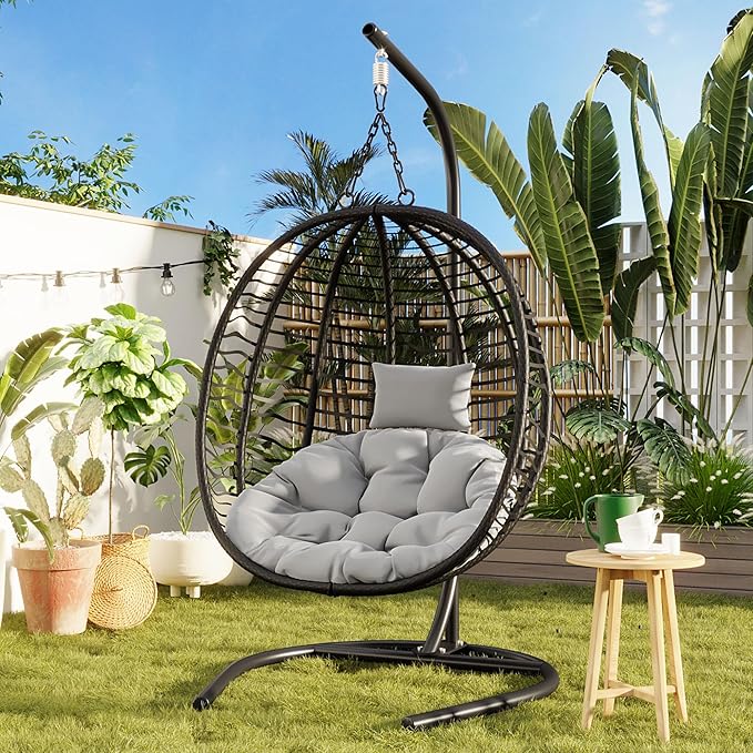 Folding Egg Chair, Outdoor Hanging Hammock Chair with Stand, Patio Wicker Hanging Chair with Iron Frame and Plush Cushion & Removable Headrest for Bedroom, Balcony, Garden (C-BlackGrey)