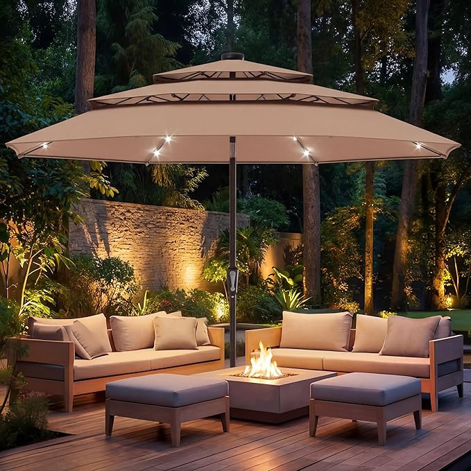 EO Living 10ft Patio Umbrella with Solar LED Lights,3-Tier Wind Resistant Outdoor Market Umbrella with Flexible 8 Ribs & Push Button Tilt, Solar Powered Umbrella for Deck, Poolside, Garden, Beige