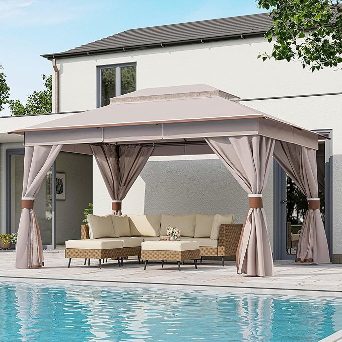 LAUSAINT HOME 10'x13' Outdoor Gazebo, Metal Frame Heavy Duty Patio Canopy Tent Shelter with Double Roofs, Mosquito Nettings and Privacy Screens for Backyard, Garden, Lawn, Classic Khaki