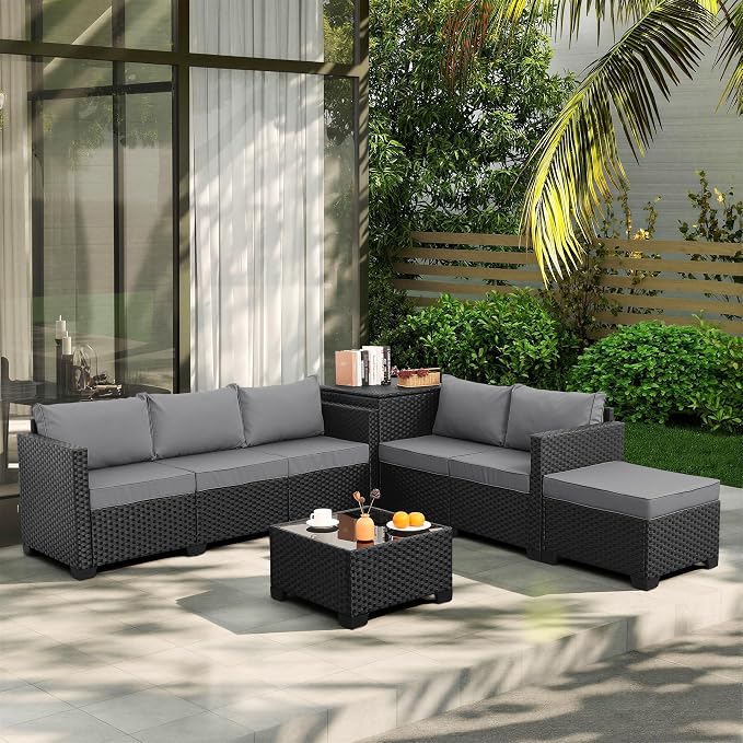 Valita Patio Furniture Set with Storage Box 5 Pieces Black Wicker Outdoor Couch Sectional with Glass Table and Non-Slip Cushions and Furniture Covers, Light Grey