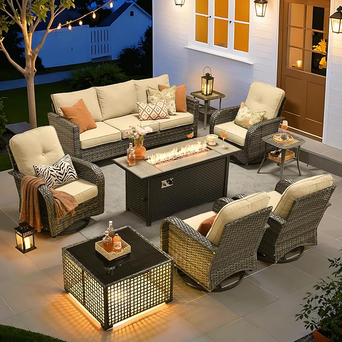 ovios 9 Pieces Patio Furniture Set, Outdoor Wicker Sofa Couch with Rocking Swivel Chairs Fire Pit Table, Modern Deep Seat Rattan Conversation Sets for Deck Porch, Beige