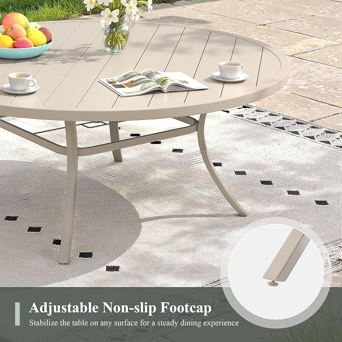 Outdoor Dining Table for 8, 63" Round Outdoor Table with Adjustable Umbrella Hole, All-Weather Metal Patio Dining Table for Lawn Garden Backyard Deck, Sandshell