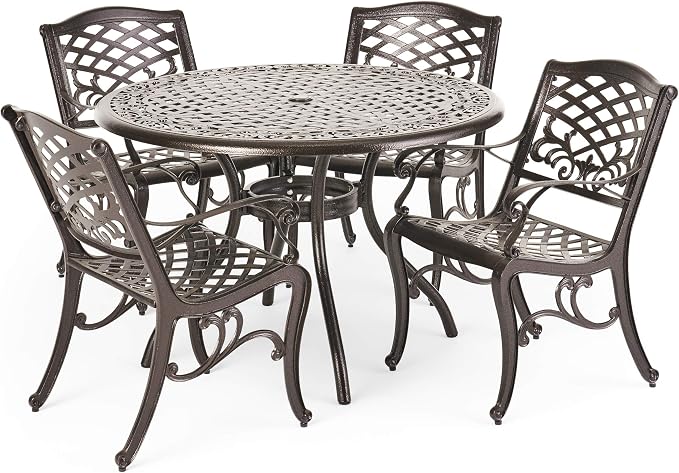Christopher Knight Home Hallandale Outdoor Cast Aluminum Dining Set for Patio or Deck, 5-Pcs Set, Hammered Bronze