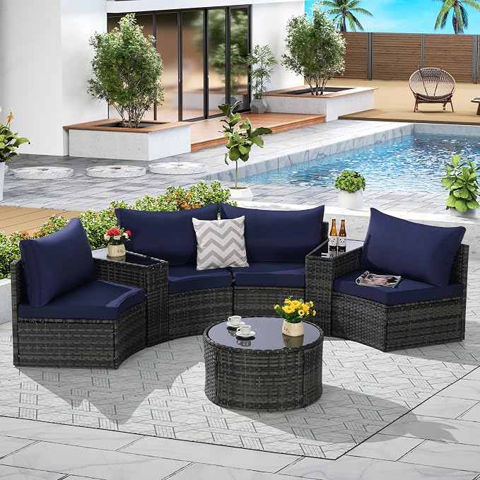 KEIKI Outdoor Patio Furniture 7-Piece Half-Moon Curved Sectional Sofa Set, All-Weather Wicker Patio Conversation Set with Round Coffee Table and 2 Storage Armrests for Poolside Backyard, Dark Blue