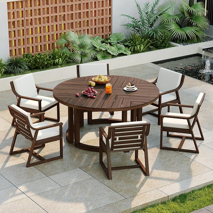 7-Piece Patio Dining Table Set for 6, 59" Round Wooden Table with 1.96" Umbrella Hole, Outdoor Furniture with Removable Beige Cushions, Mocha Finish, for Garden Backyard Poolside (Mocha1)