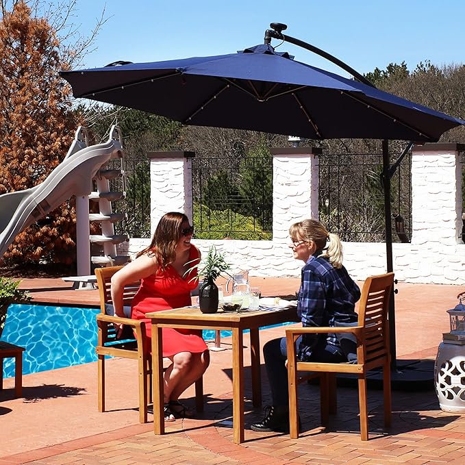 Sunnydaze 10' Solar Offset Patio Umbrella - Solar Cantilever Umbrella Outdoor with LED Lights - Polyester Shade, Air Vent, & Cross Base
