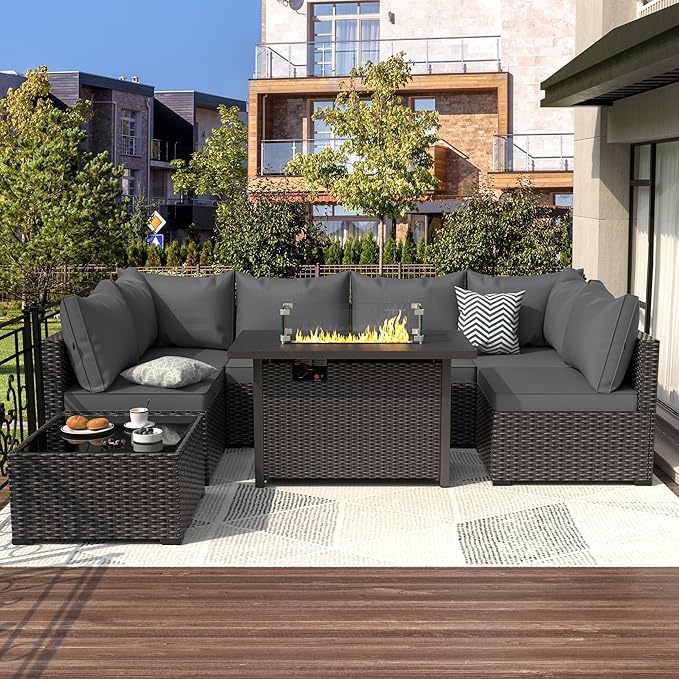 Patio Furniture Set with Fire Pit Table, 8PCS Outdoor Conversation Sets Waterproof Rattan Sectional Sofa with 4” Thickened Cushion Modular Wicker Patio Furniture Set with Glass Top Table (Grey)