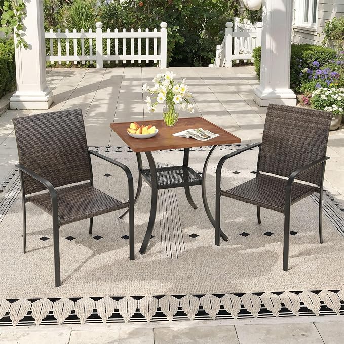 Outdoor Dining Set for 2, 28" Metal Square Outdoor Dining Table and Wicker Stackable Patio Chairs, 3 Pieces Patio Table and Chairs Set for Garden Backyard, Walnut