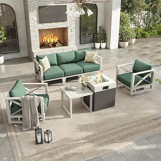 Aluminum Patio Furniture Set with Fire Pit Table,5-Seats Patio Sectional Conversation Sofa with 5.2" All-Weather Cushions and 2 Swivel Rocking Chairs,Outdoor Furniture Set(White)