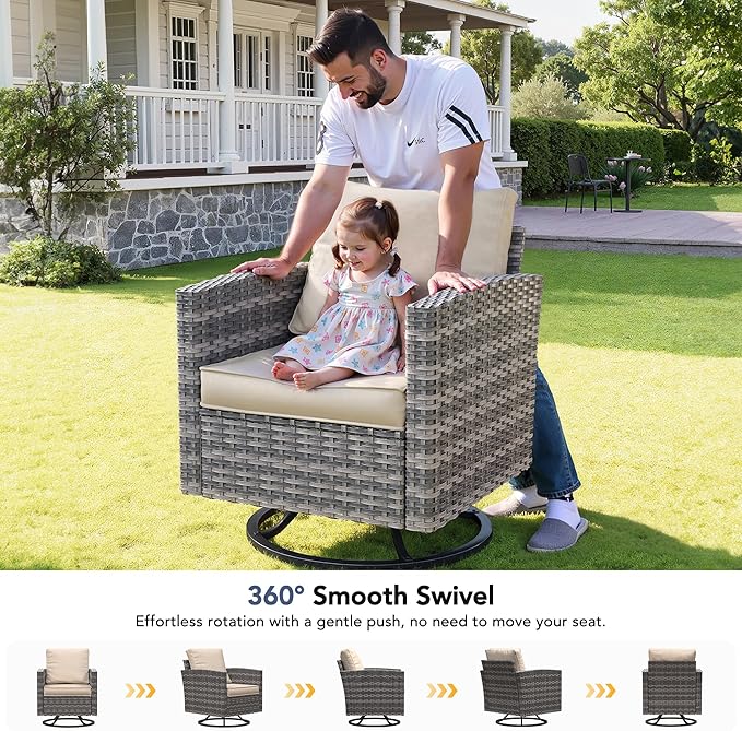 7 Pieces Patio Furniture Set with 44" Fire Pit Table, Outdoor Sectional Conversation Sets with Swivel Chair, Gas Fire Pit, Ottomans, Side Table, 4" Thick Cushion，for Backyard Garden Deck, Khaki